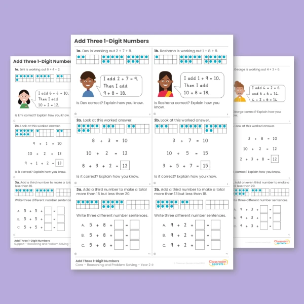 Year 2 Add Three 1-Digit Numbers Addition and Subtraction Reasoning and Problem Solving