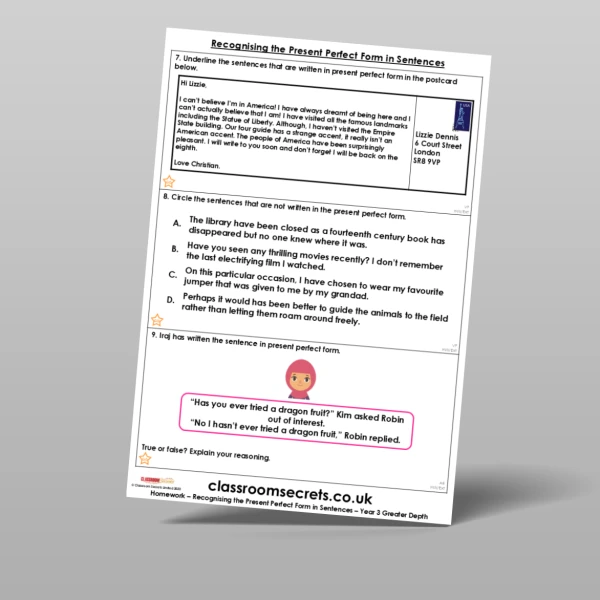 An image of the Free Recognising the Present Perfect Form in Sentences Homework Resource