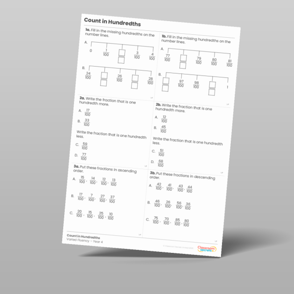 Year 4 Count In Hundredths Varied Fluency Resource | Classroom Secrets