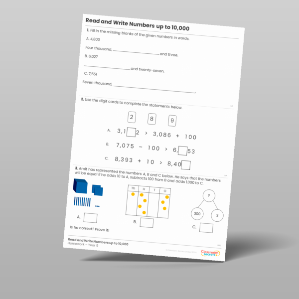 Year 5 Read And Write Numbers Up To 10 000 Homework Resource ...