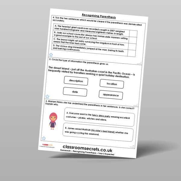 An image of the Recognising Parenthesis Homework Resource