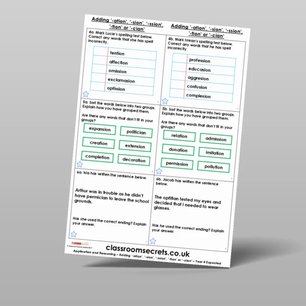 An image of the Adding '-ation', '-sion', '-ssion', '-tion' or '-cian' Application and Reasoning Resource