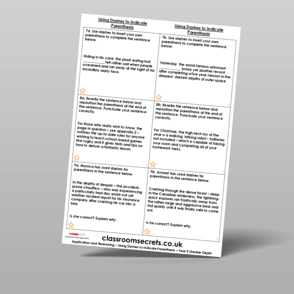 An image of the Using Dashes to Indicate Parenthesis Application and Reasoning Resource