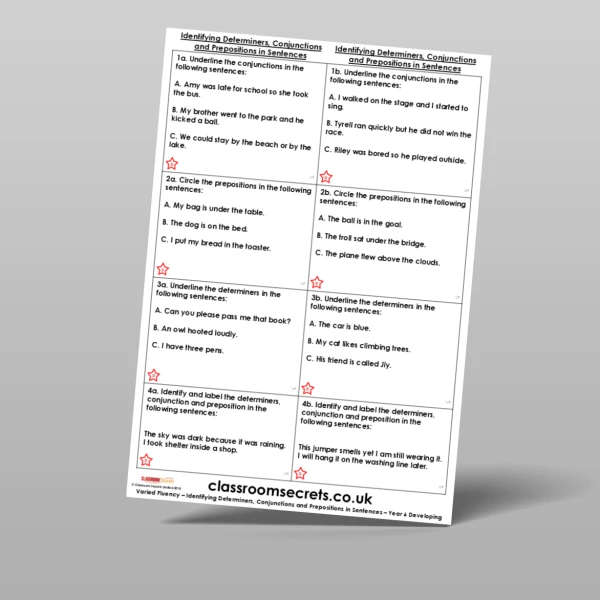 An image of the Identifying Determiners, Conjunctions and Prepositions in Sentences Varied Fluency Resource