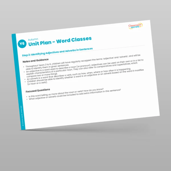 An image of the Word Classes Unit Plan Resource