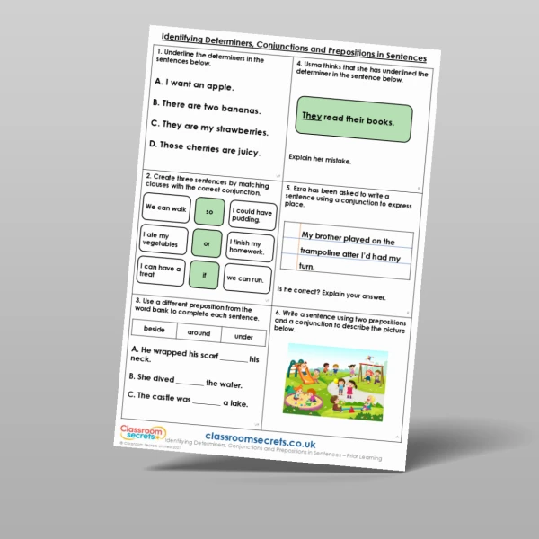 An image of the Identifying Determiners, Conjunctions and Prepositions in Sentences Prior Learning Resource