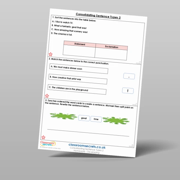 An image of the Consolidating Sentence Types 2 Homework Resource