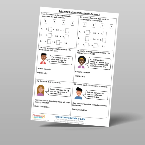An image of the Add and Subtract Decimals Across 1 Reasoning and Problem Solving Resource