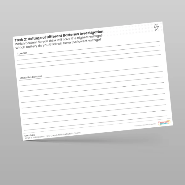 An image of the Lesson 2: Voltage of Different Batteries Investigation Worksheet Resource