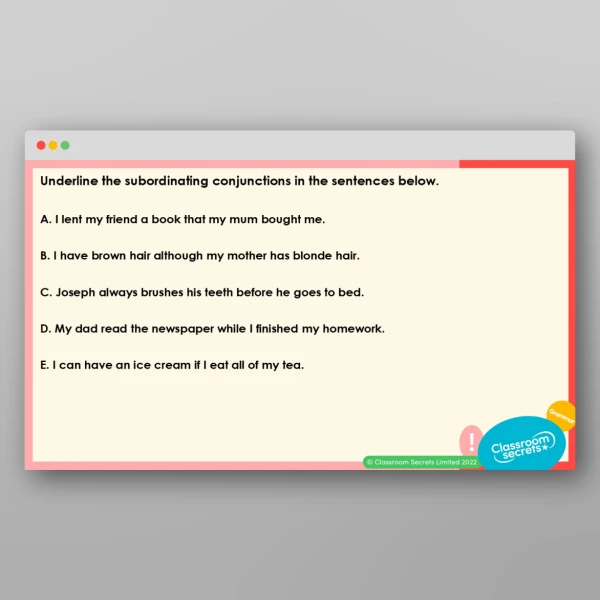 An image of the Consolidating Subordinating Conjunctions Teaching PPT Resource