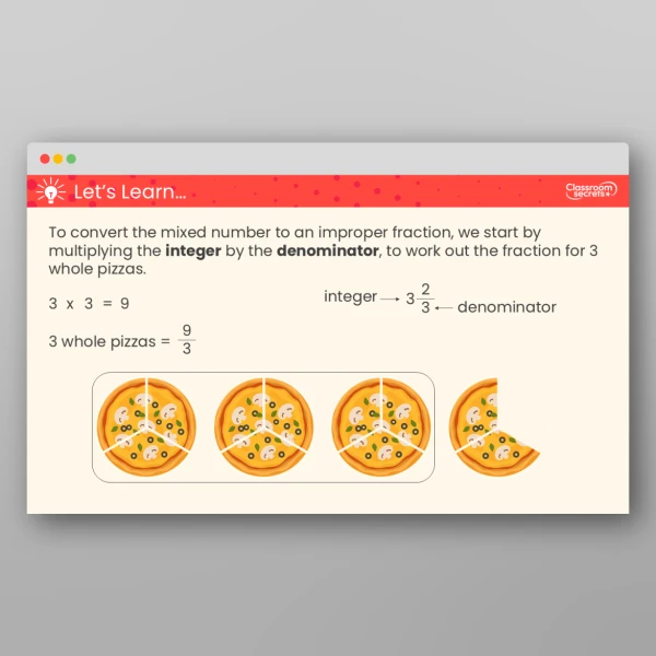 An image of the Convert Mixed Numbers to Improper Fractions Teaching PPT Resource