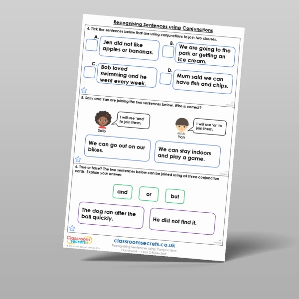An image of the Recognising Sentences using Conjunctions Homework Resource