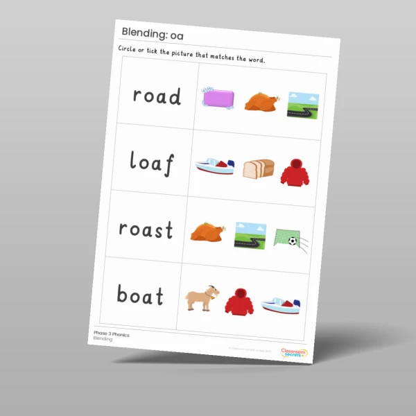 An image of the Phonics Blending Activities: oa Resource