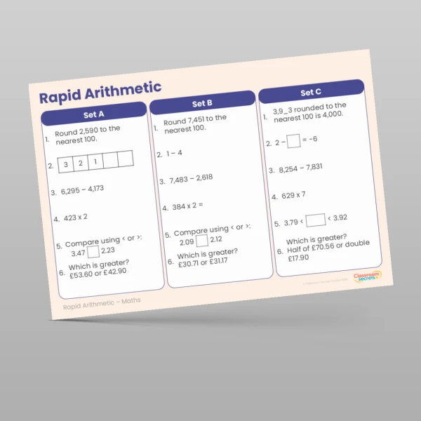 An image of the Free Summer 1 Week 1 Rapid Arithmetic Resource