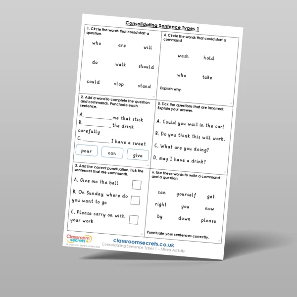 An image of the Consolidating Sentence Types 1 Mixed Activity Resource