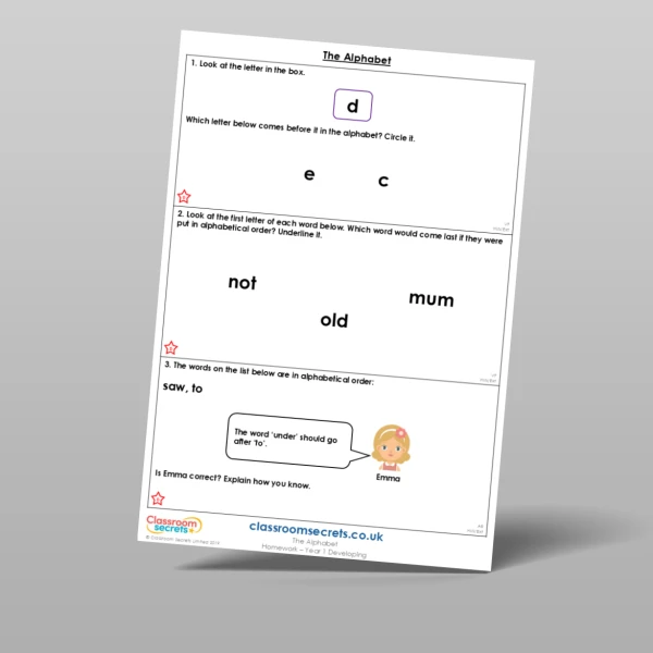 An image of the Free The Alphabet Homework Resource