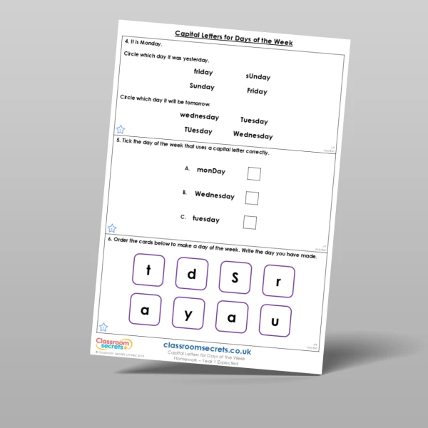 An image of the Capital Letters for Days of the Week Homework Resource