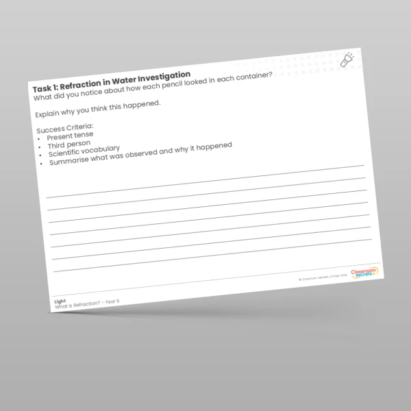 An image of the Lesson 5: Refraction in Water Investigation Worksheet Resource