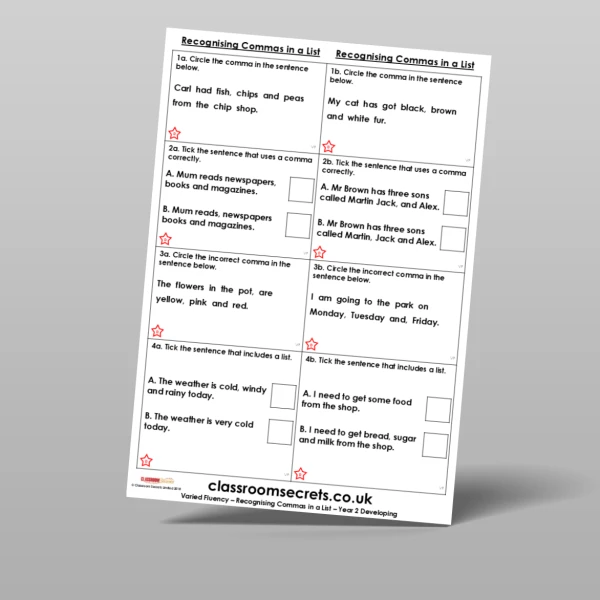 An image of the Free Recognising Commas in a List Varied Fluency Resource