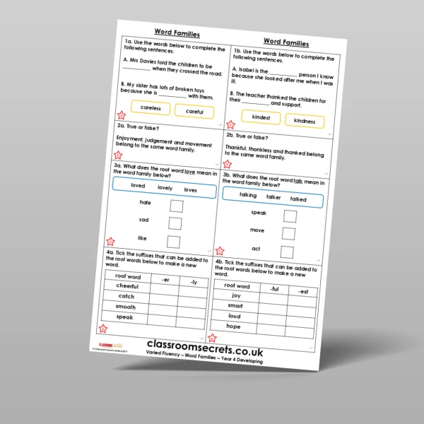 An image of the Free Word Families Varied Fluency Resource