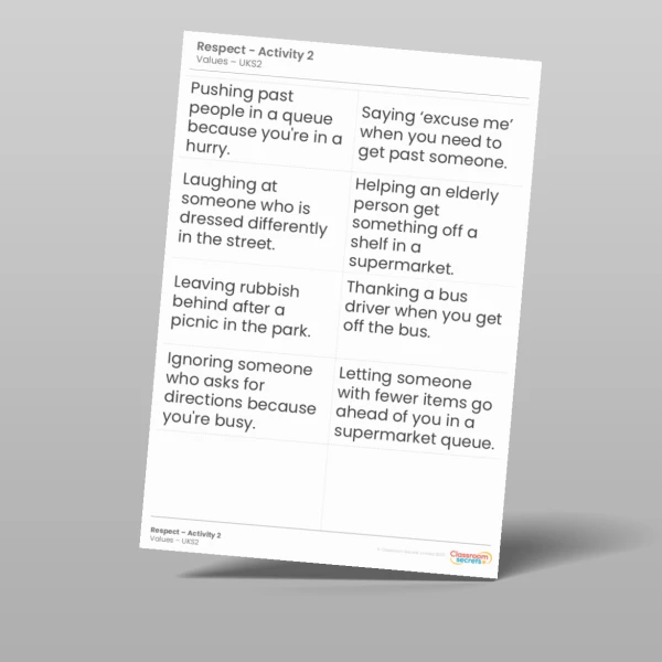 An image of the Values - Respect Worksheet Resource