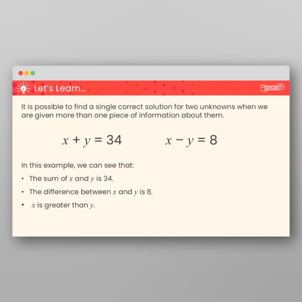 An image of the Solve Problems with Two Unknowns Teaching PPT Resource