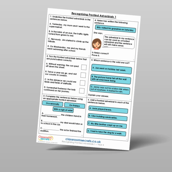 An image of the Recognising Fronted Adverbials 1 Mixed Activity Resource
