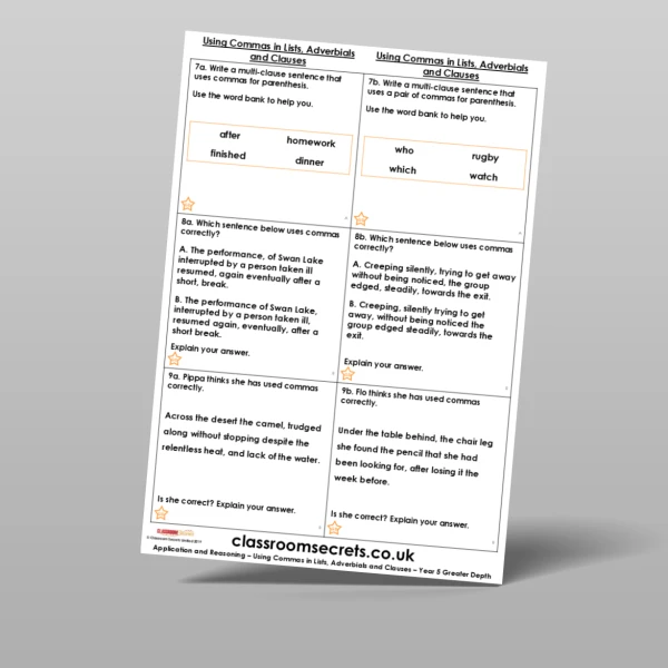 An image of the Free Using Commas in Lists, Adverbials and Clauses Application and Reasoning Resource