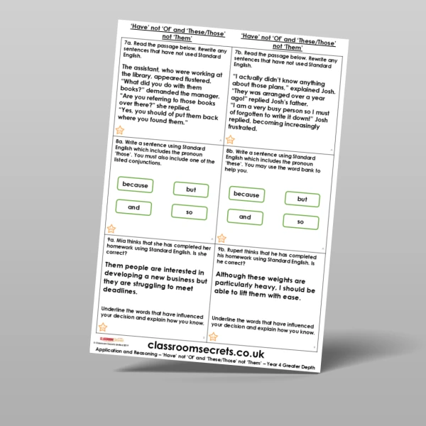 An image of the 'Have' not 'Of' and 'These/Those' not 'Them' Application and Reasoning Resource