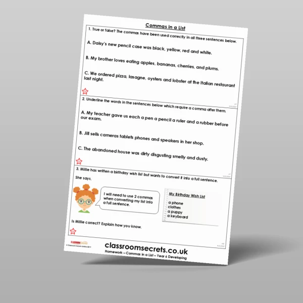 An image of the Free Commas in a List Homework Resource