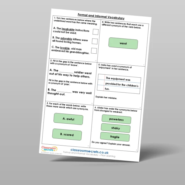 An image of the Formal and Informal Vocabulary Prior Learning Resource