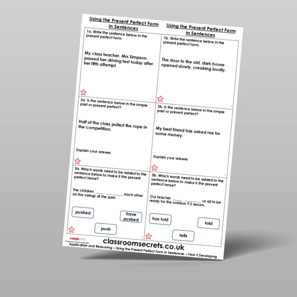 An image of the Using the Present Perfect Form in Sentences Application and Reasoning Resource