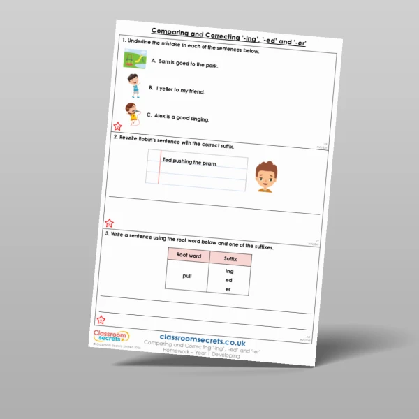 An image of the Comparing and Correcting '-ing', '-ed' and '-er' Homework Resource