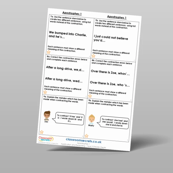 An image of the Apostrophes 1 Application and Reasoning Resource