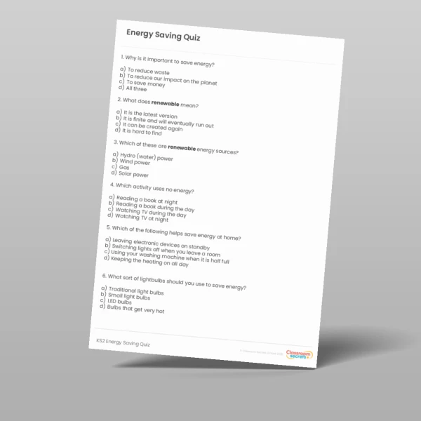 An image of the Energy Saving Quiz Resource