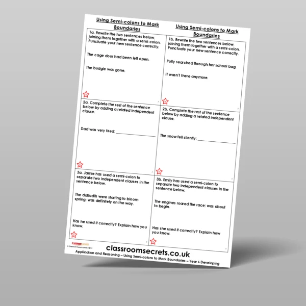 An image of the Using Semi-colons to Mark Boundaries Application and Reasoning Resource