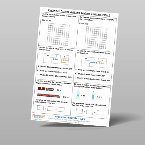 An image of the Use Known Facts to Add and Subtract Decimals within 1 Varied Fluency Resource