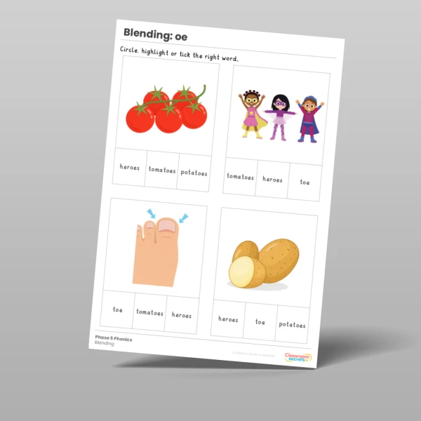 An image of the Phonics Blending Activities: oe Resource