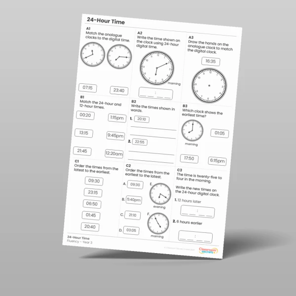 An image of the 24-Hour Time Fluency Matrix Resource