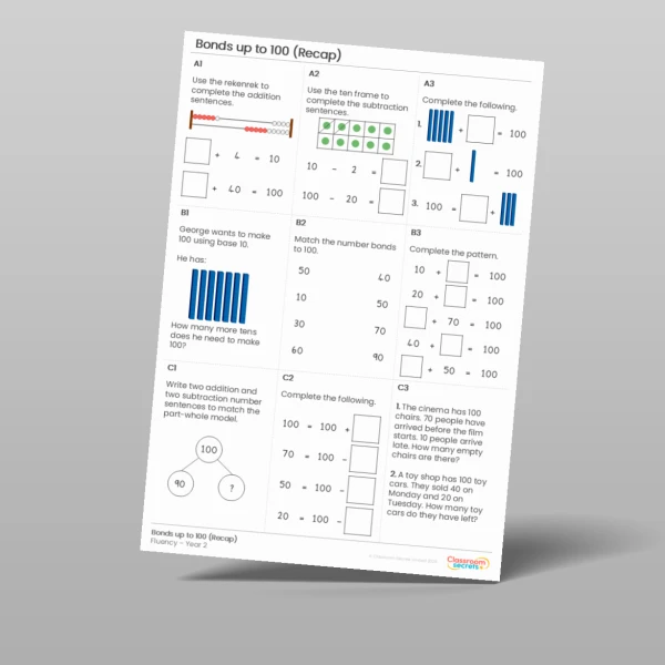 An image of the Bonds up to 100 (Recap) Fluency Matrix Resource
