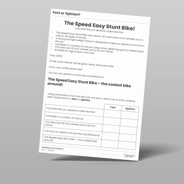 An image of the Fact or Opinion? Reading Test Practice Resource