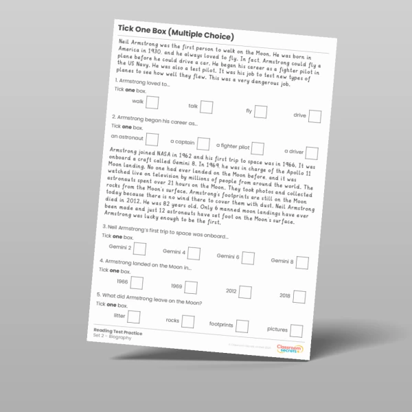 An image of the Tick One Box Multiple Choice Reading Test Practice Resource