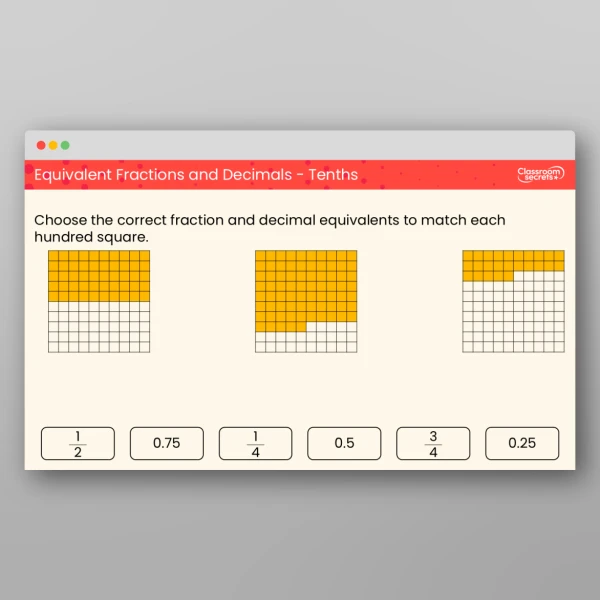 An image of the Equivalent Fractions and Decimals (Tenths) Teaching PPT Resource