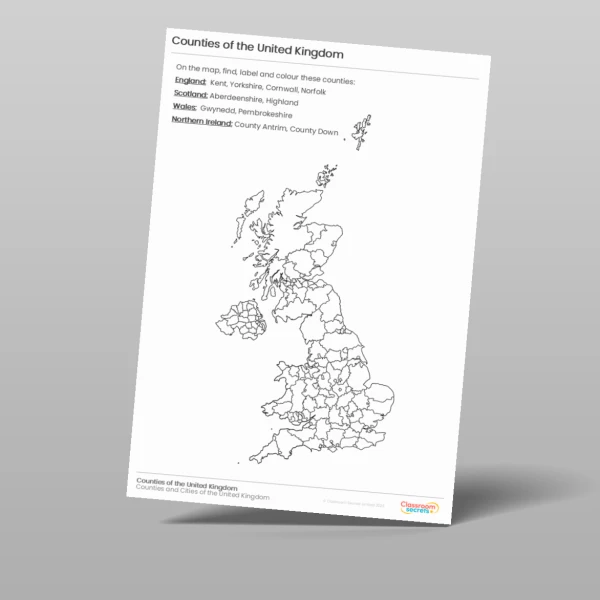 An image of the Counties of the United Kingdom Geography Worksheet Resource