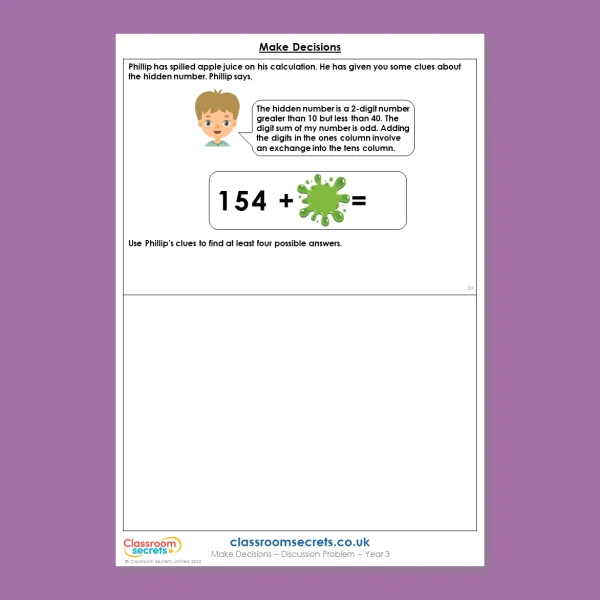Year 3 Make Decisions Addition and Subtraction Deeper Reasoning Discussion Problem