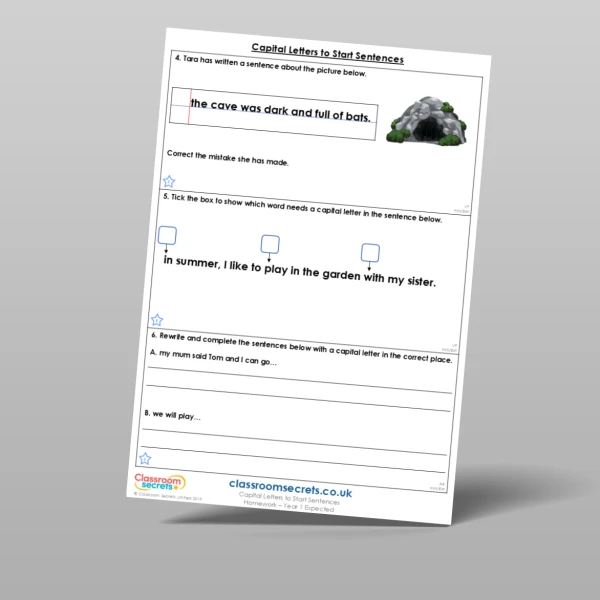 An image of the Capital Letters to Start Sentences Homework Resource