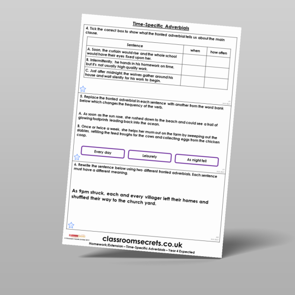 Year 4 Time Specific Adverbials Homework Resource | Classroom Secrets