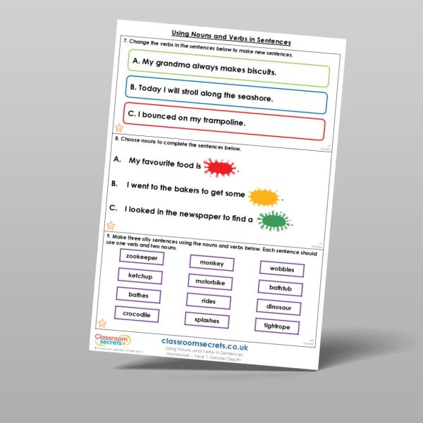 An image of the Using Nouns and Verbs in Sentences Homework Resource