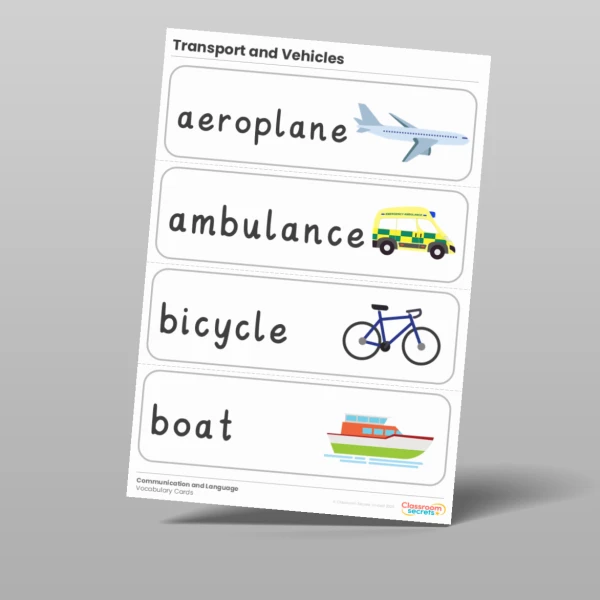 An image of the Transport and Vehicles Vocabulary Cards Resource