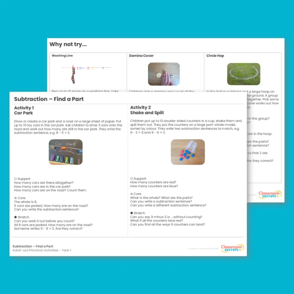 Year 1 Subtraction Find a Part Addition and Subtraction within 10 Adult Led Practical Activities